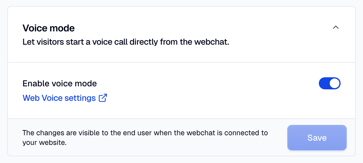 The Voice mode section of the web widget, with Enable voice mode on and the Web Voice settings link.