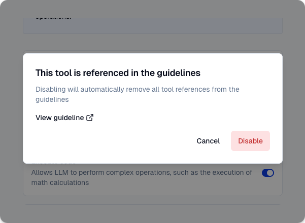 Warning dialog when disabling a tool referenced in guidelines