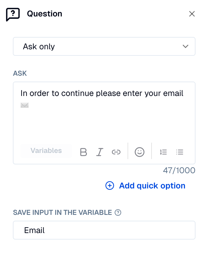 screenshot of config setup of a ask-only question