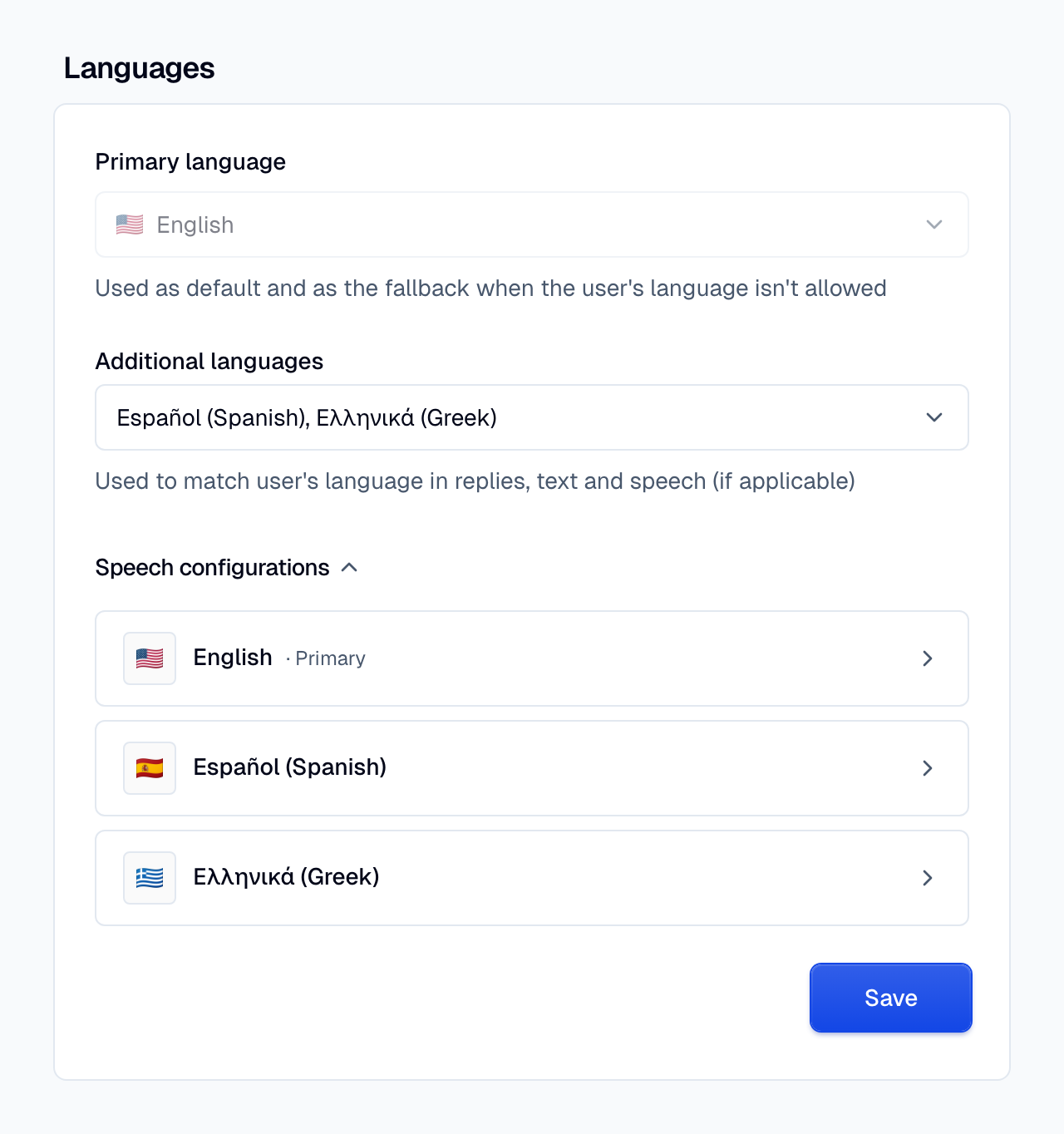 The Languages card with two additional languages and the Speech configurations list