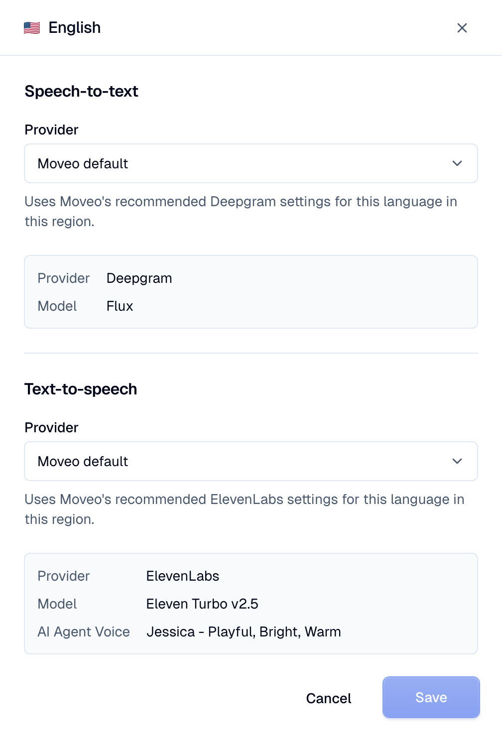 The speech side panel of English with the Moveo default for speech-to-text and text-to-speech