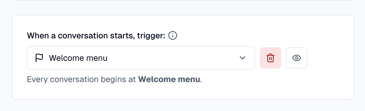 The AI Agent Settings page with the conversation start card and a node selected.