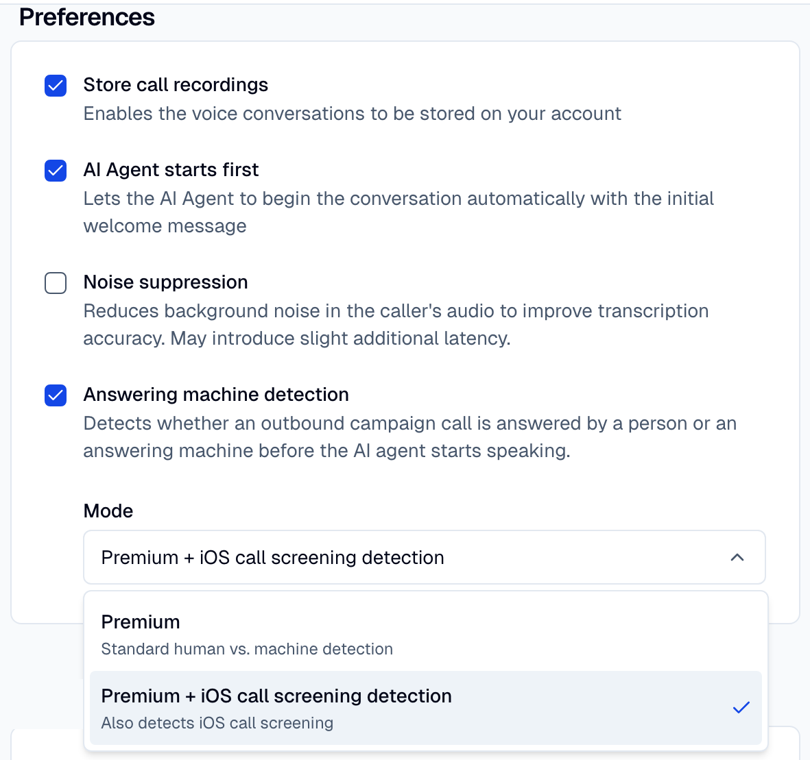 The Preferences card of a Telnyx Voice integration with Answering machine detection on and the Mode list open.