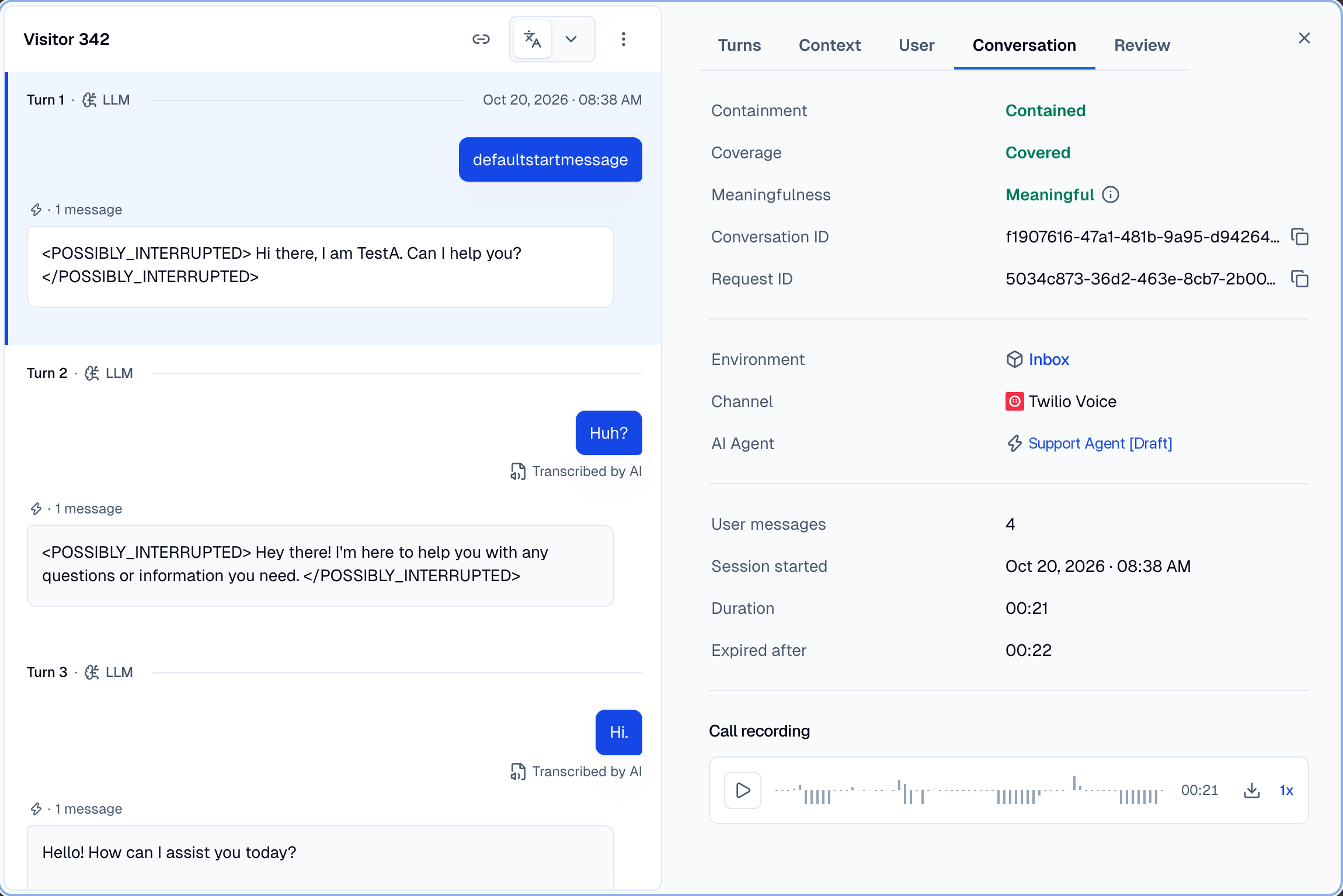 A Twilio Voice conversation in the logs, with the transcript and the Call recording player.